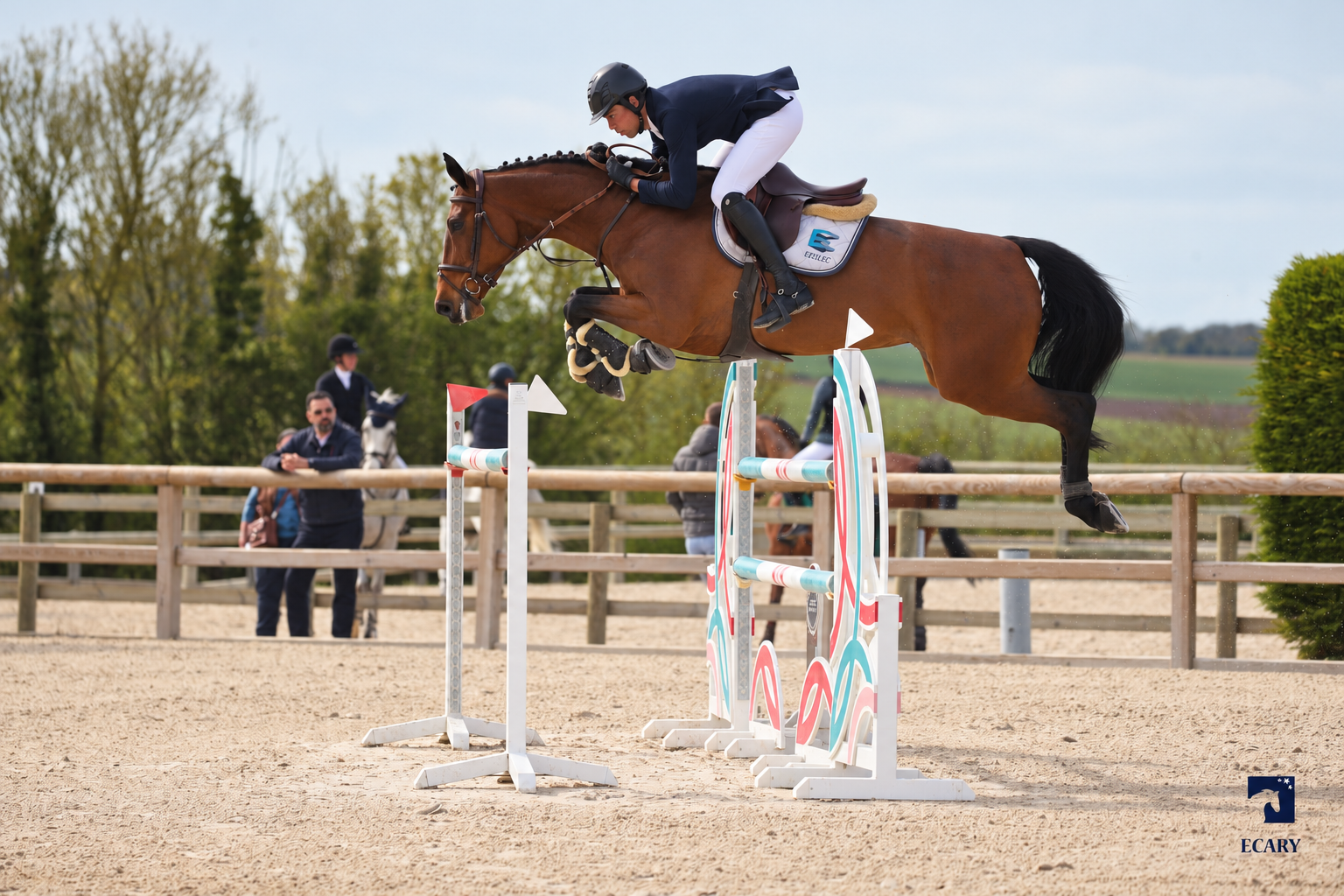 Anis Smati jumping a bay horse over an oxer in competition